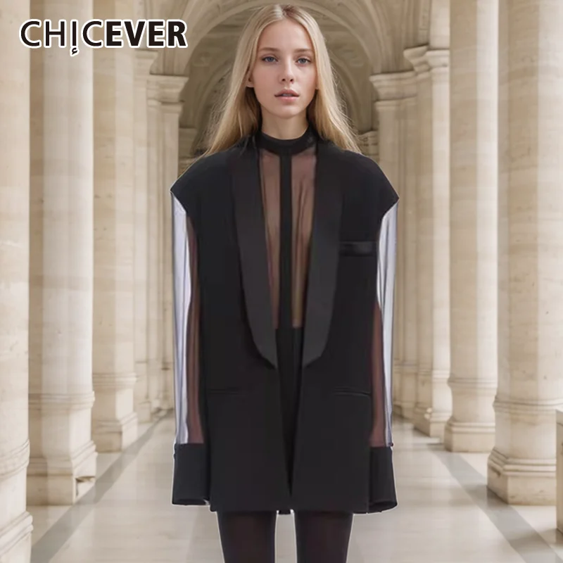 CHICEVER Spliced Sheer Mesh Women\'s Fake Two Piece Suit Jacket O Neck Long Sleeve Patchwork Zipper Coat Female Fashion Style New