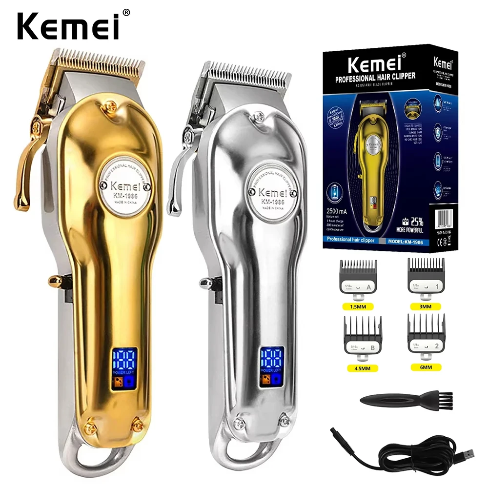 

Kemei KM-1986 Full Metal Body Electric Hair Clipper Professional Adjustable Hair Trimmer Rechargeable Hair Cutting Machine