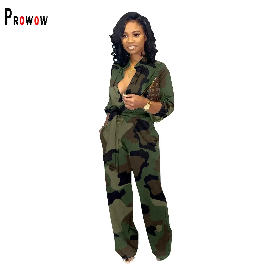 

Prowow Fashion High Waist Women's Jumpsuits Camouflage Print Single Breasted One-piece Romper with Belt Wide Leg Pant Streetwear