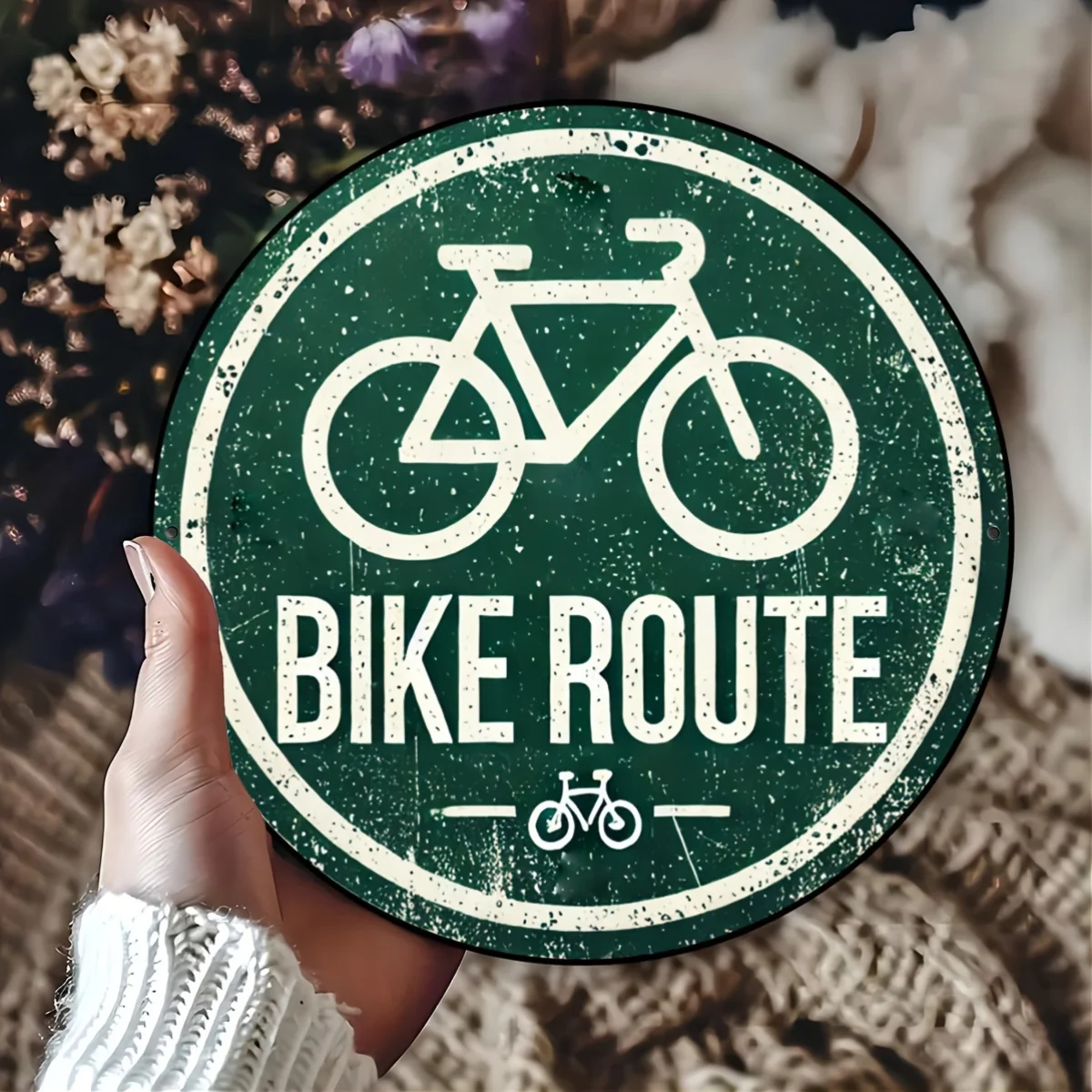 Aluminiumschild „Bike Route“ im Vintage-Stil – 1 Stück, 20 cm runde Metall-Fahrrad-Wegemarkierung für Zimmer, Wand, Restaurant, Bar usw