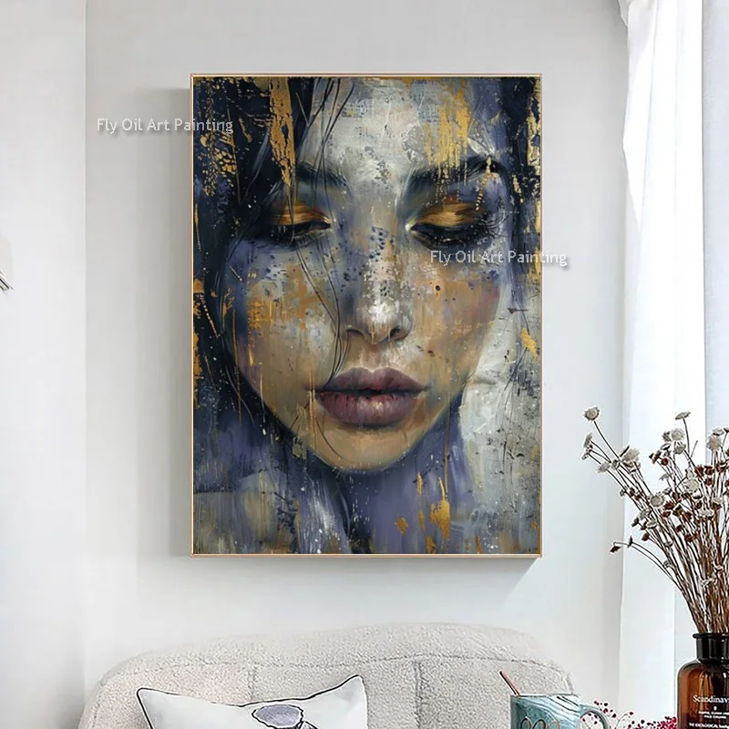 Handpainted Modern Blue Gray Figure Canvas Wall Art Gold Foil Cool Woman Portrait Girl Face Oil Painting For Bedroom  Decor