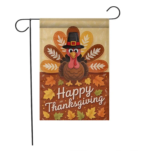 Happy Thanksgiving Garden Flag – Classic Pilgrim Turkey with Autumn Leaves Fall JJE DDI GGX