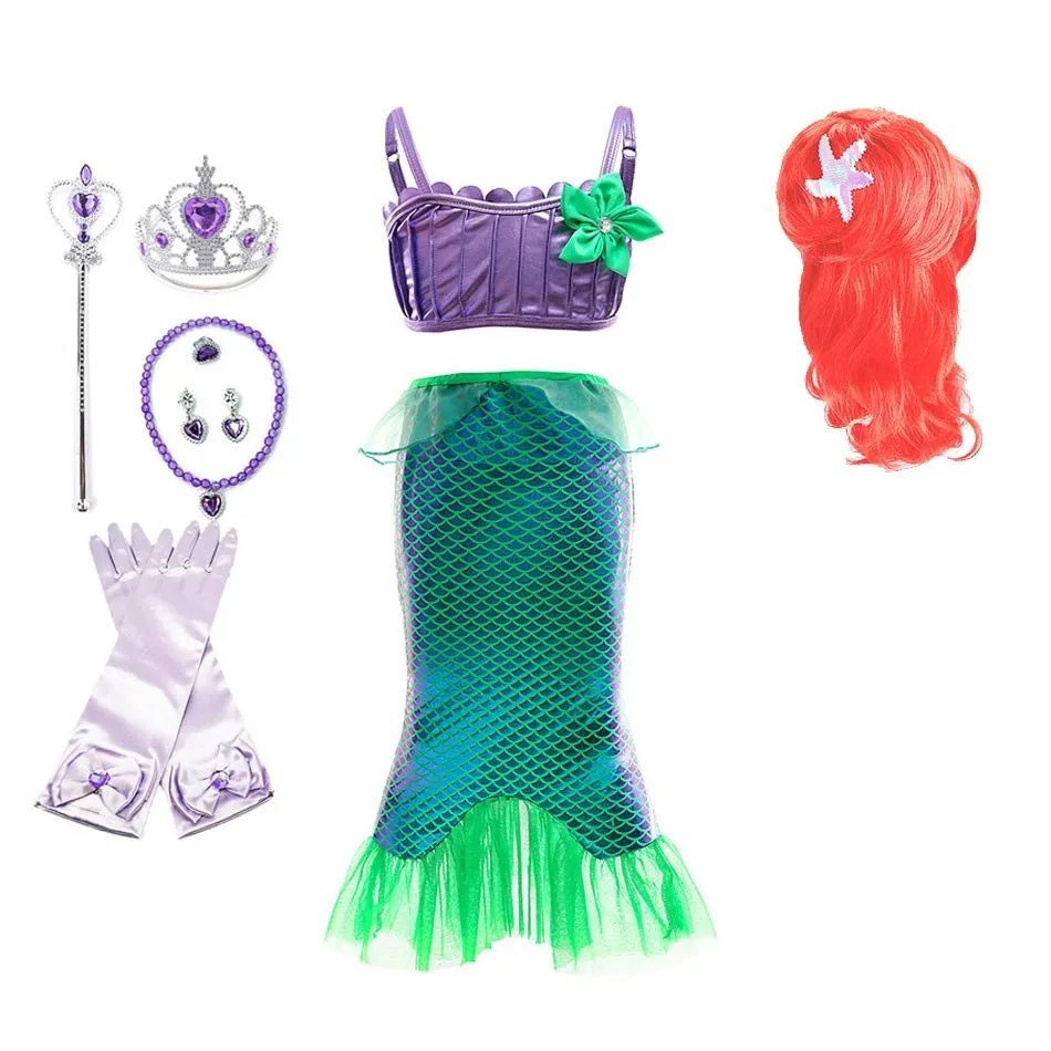 Little Mermaid Dress for Girls Halloween Princess Costume Children Tops Shorts Mermaid Tail 3 Pcs Bikini Sets Kids Ariel Outfit