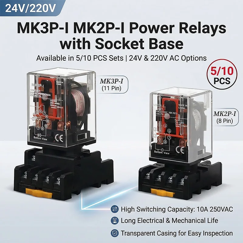 MK2P-I MK3P-I Intermediate Relay, 8/11 Pin Electromagnetic Power Relay with Copper Coil and Silver Contact AC220V DC24V