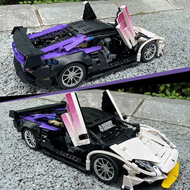 1337PCS Technical 1:14 Purple Lambo Super Sports Car Building Blocks MOC City Speed Vehicle Assemble Bricks Toys For Kids Boys