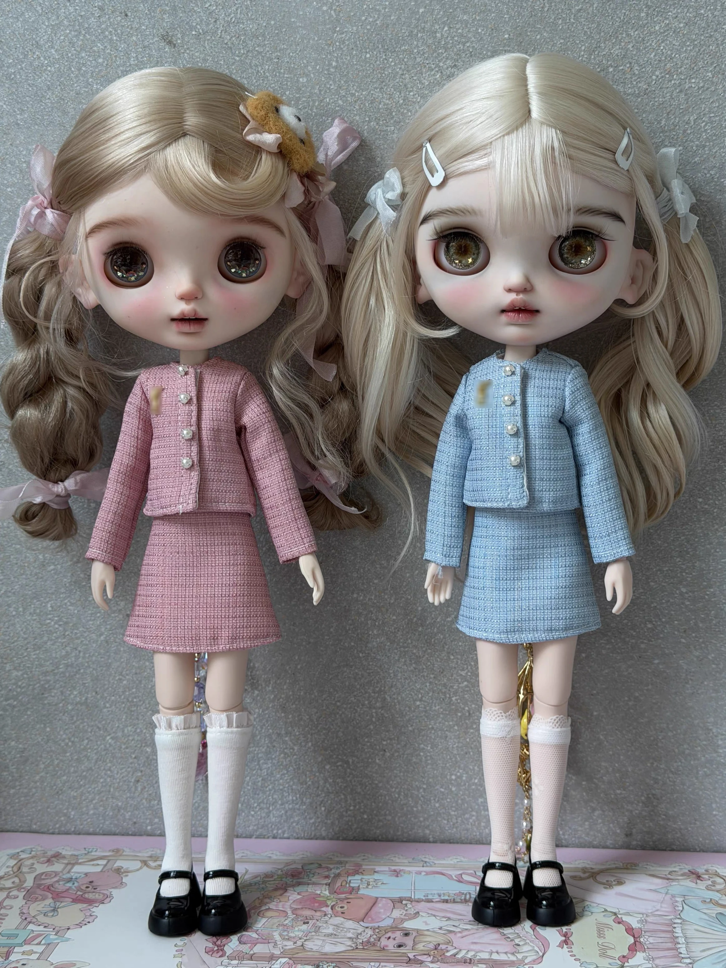 

Fashion Sweet Blue Pink Small Fragrant Style Jacket+Short Skirt Set Blyth Doll Clothes Parts For OB24 Azone Doll DIY Dress Up