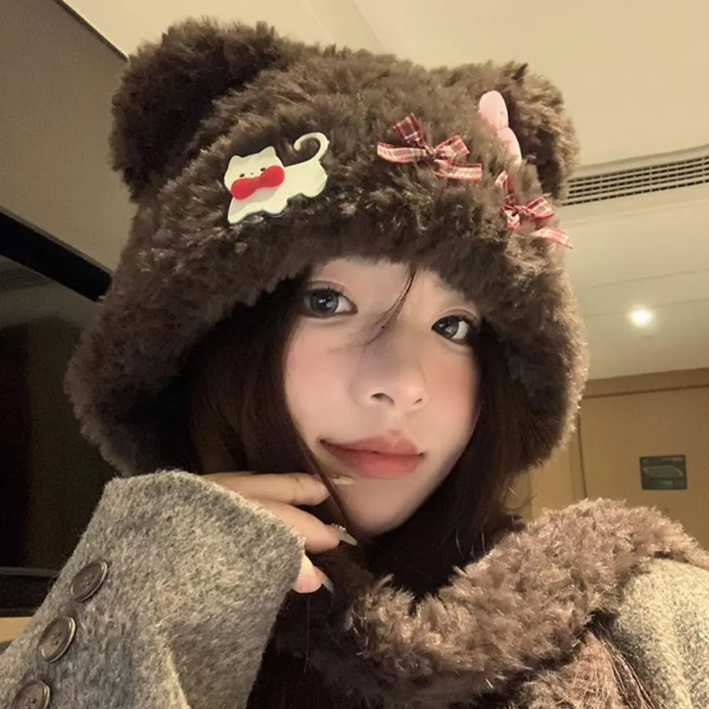 

Fashion Bear Plush Cap Thickened Bow Hats Soft Windproof Bonnet