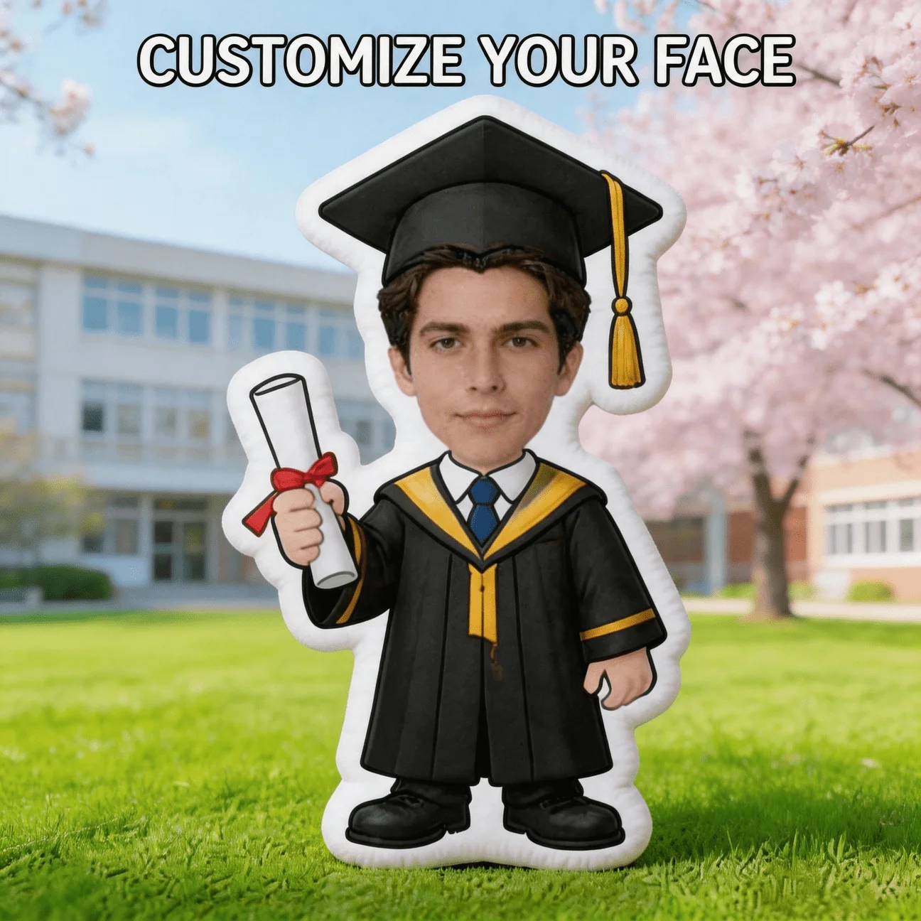 Custom Graduation Photo Shaped Pillow, Personalized Face with Cap And Gown Decorative Cushion with Double-Sided Printing, 60CM L