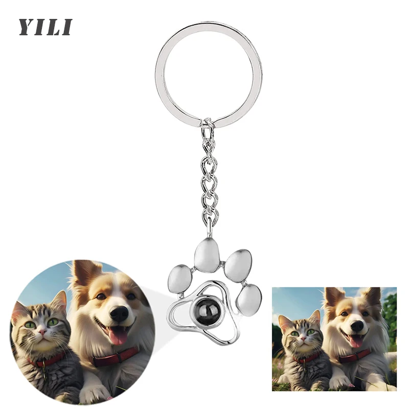 Personalized Photo Keychain Projection Keychain Pet Dog Cat Photo Projection Stainless Steel  Key Ring with Paw Print Charm