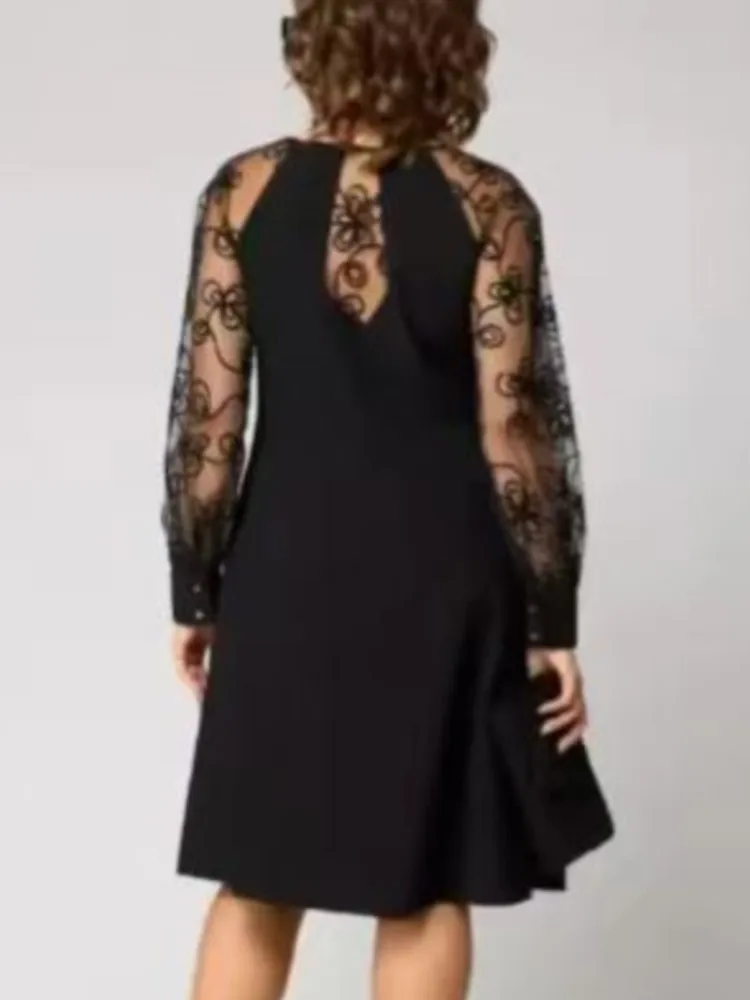Robe transparente en dentelle pour femmes, Sexy, mode noire, manches longues, col rond, pull, robes amples, vêtements de vacances, printemps été