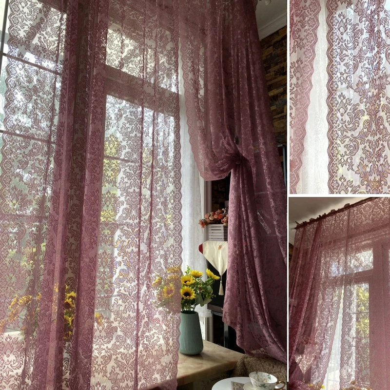 American Country Style Lace Curtains Purple Pink Transparent Bed Curtain Window Curtain Balcony Drapery for Universal Use