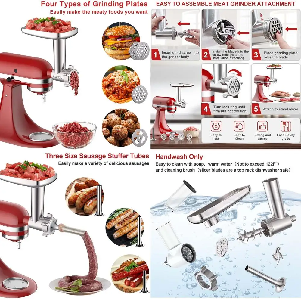

KitchenAid Mixer Meat Grinder and Slicer Attachments with Sausage Tubes and Shredder Set by Cofun