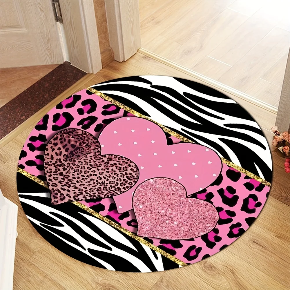 Hearts Leopard Zebra Round Rug Flannel Pink Gold Glitter Animal Print Girls Room Dorm Decor Non Slip Trendy Floor Mat Valentine