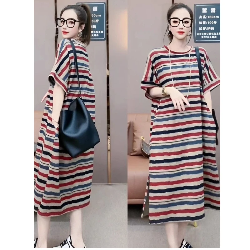 Contrast Striped Slit Hem Plus Size T Shirt Dress Women Clothing New Short Sleeve Loose Vintage Dresses Casual Fashion Summer