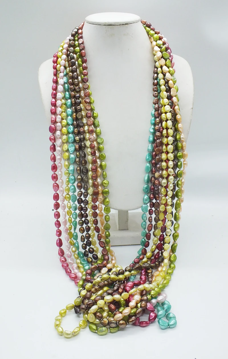 Wholesale Mixed color 10PCS 7-8MM 120CM Natural freshwater Baroque pearl necklace. Female, sweater chain, color randomly sent