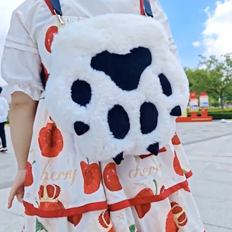 Female Furry Kawaii Cat Paw Backpack Cartoon Sweet Student Fashionable Casual Backpack Fashionable Cute Girl Crossbody Bag