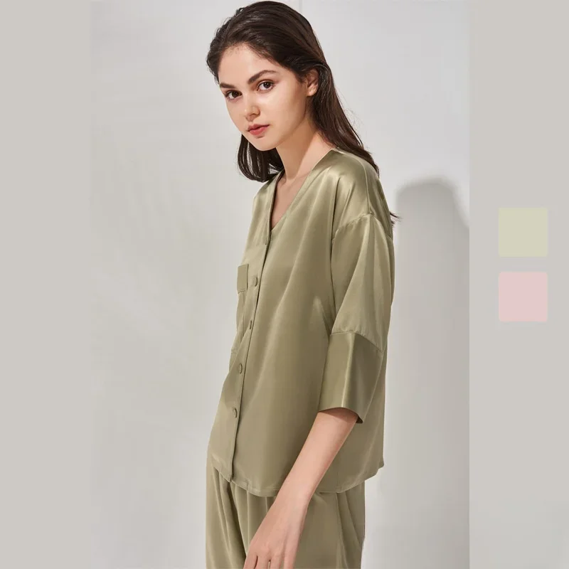 Set Piyama Satin Sutra 100% Wanita Setelan Rumah Musim Panas Lengan Lonceng Wanita Sutra Asli Dua Potong Celana Lengan Panjang Pakaian Tidur Pakaian Santai