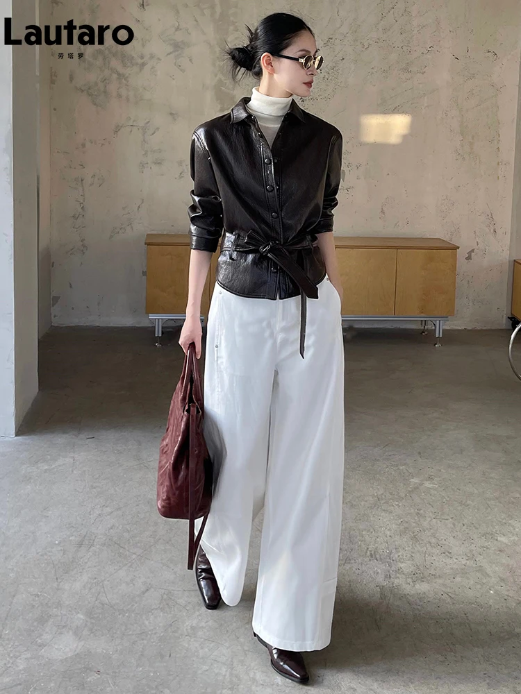 

Куртки Lautaro из мягкой искусственной кожи коричневого цвета, укороченные, приталенные, в стиле ретро, с поясом и отложным воротником, для женщин, коллекция Весна-Осень 2026, модный дизайн в стиле Runway