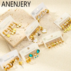 ANENJERY 316L Stainless Steel 6 Pieces Colorful Zircon Flower Bowknot Earring for Women Fashion Vintage Jewelry Wholesale