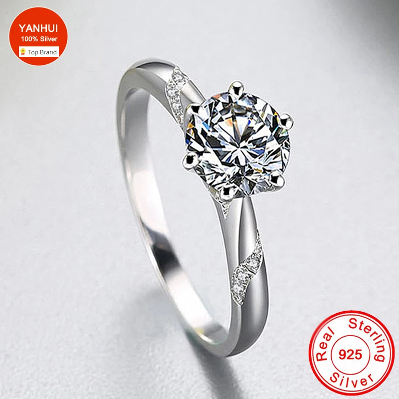 YANHUI Genuine Tibetan Silver Dazzling 6mm Zirconia Rings Size 4 5 6 7 8 9 10 Wonderful For Women Girls Lady\'s Gift