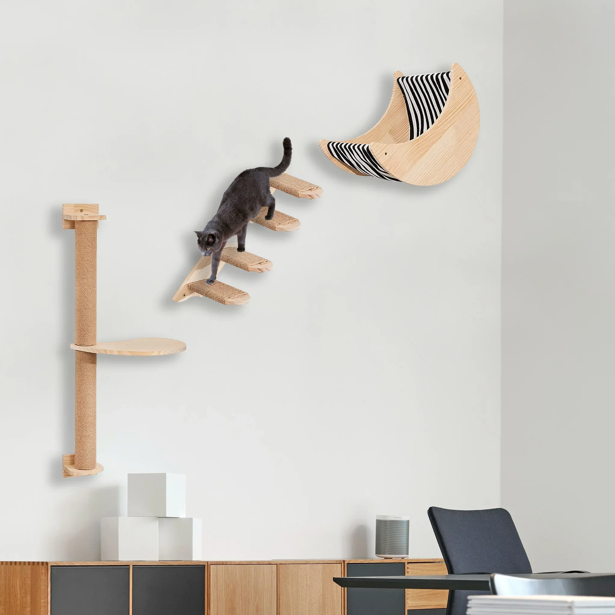 Pet Furniture Four Steps Stair Mounted Climbing Shelves Wooden Perch Cat Wall Shelf And Moon Hammock