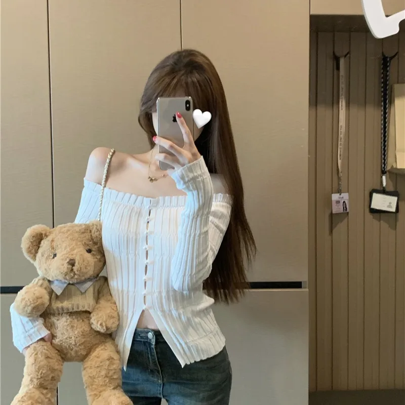 Slim Fit tricots perle bouton une épaule Design Ele Sle femmes Faion automne hiver nouveauté couleur filles