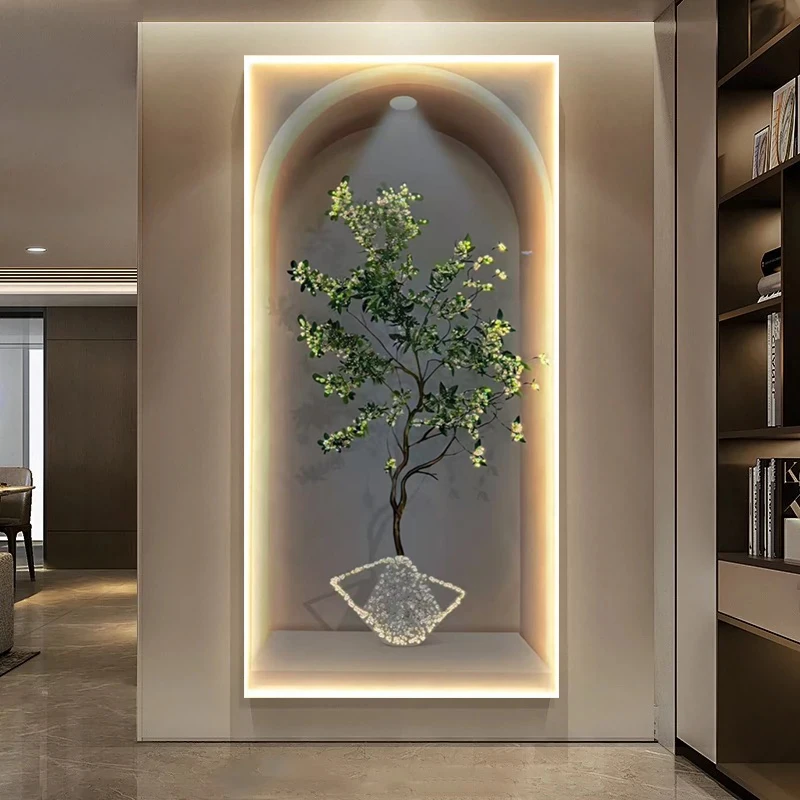 

Simple modern entrance decorative painting led light cream wind green plant hanging painting voice activated sensor