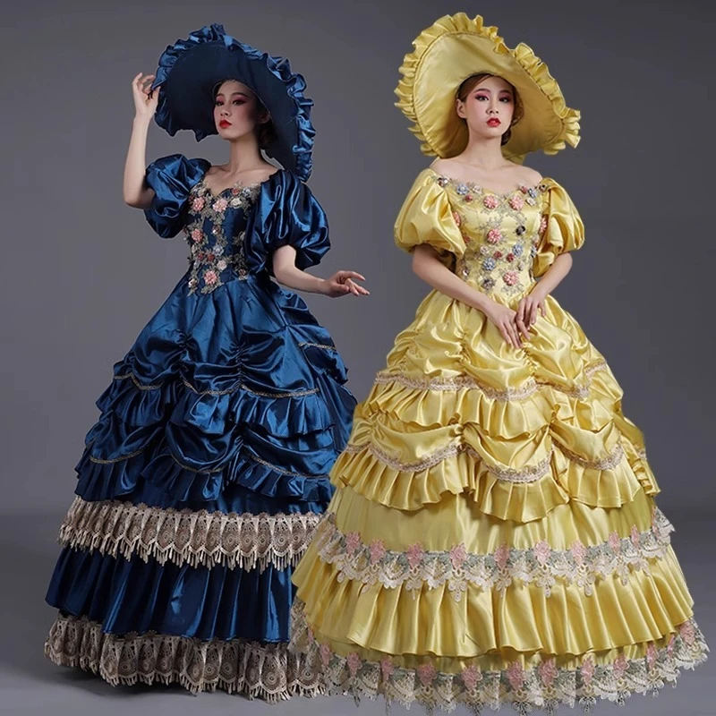 

European Classical Dark Blue And Yellow Antique Dress European Lantern Sleeve Court Skirt Princess Dress Celebrity Beauty Woman