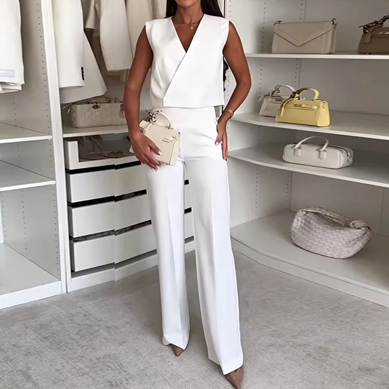 

Business Long Pant Solid Outfits Elegant V Neck Button Vest & Straight Pant Sets Women Casual Sleeveless Pocket Formal 2Pc Suit