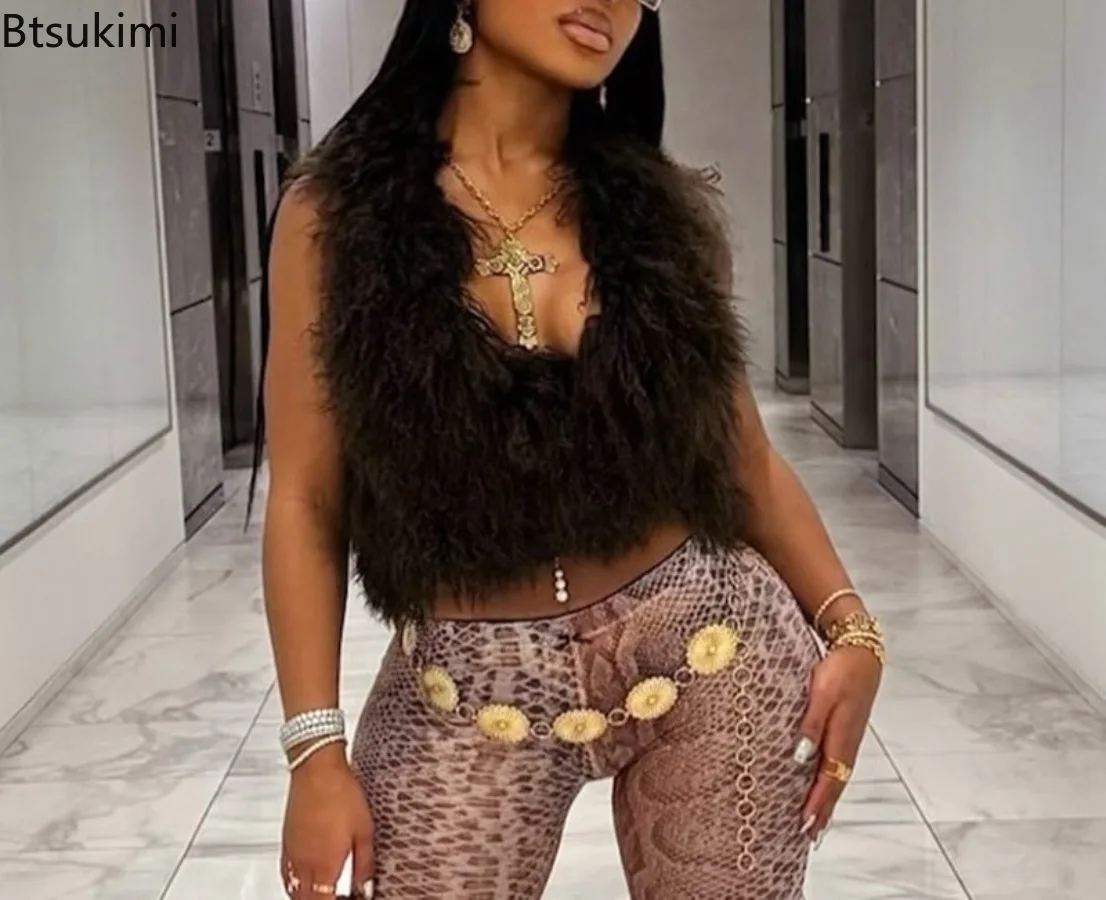 2025 Sexy Brown Faux Fur Waistcoat Women Furry Backless Bandage Halter Crop Vests Coats Fashion Warm Outerwear Y2K Streetwear