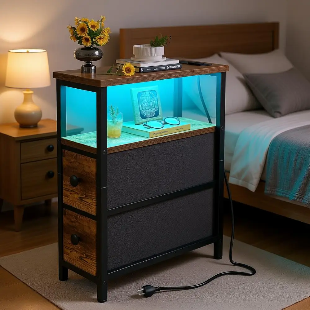 

End Table with Charging Station, Narrow Side Table with Fabric Drawers, Nightstand with LED Light, Slim Bedroom Living Room Tabl