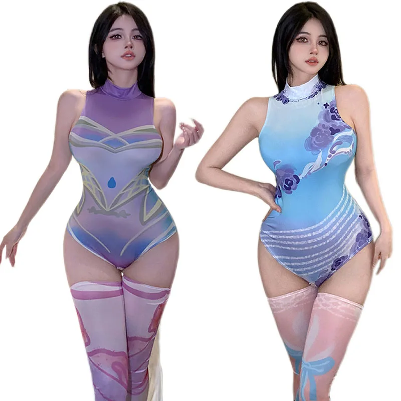 

Sweet Slim Sexy Tops Women's Game Uniform Cosplay One Piece Clothes Open Anime King Series Empress Bodysuits Bring Socks Suit