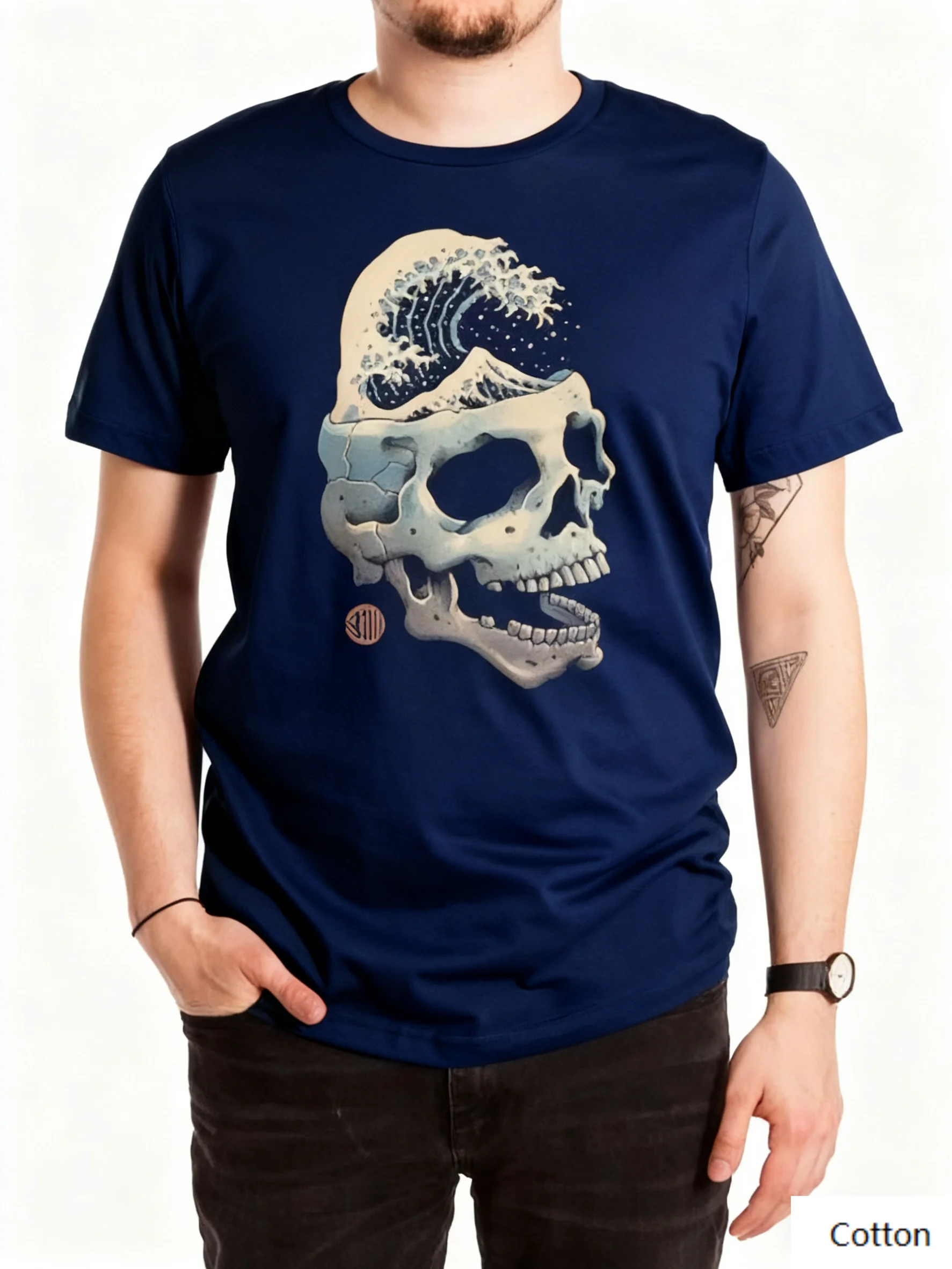 

Creative Japanese Dark “Skull's Great Wave Artistry” Cotton Crew Neck T Shirt Boasting A Vivid Depiction of A Skull, Great Wave