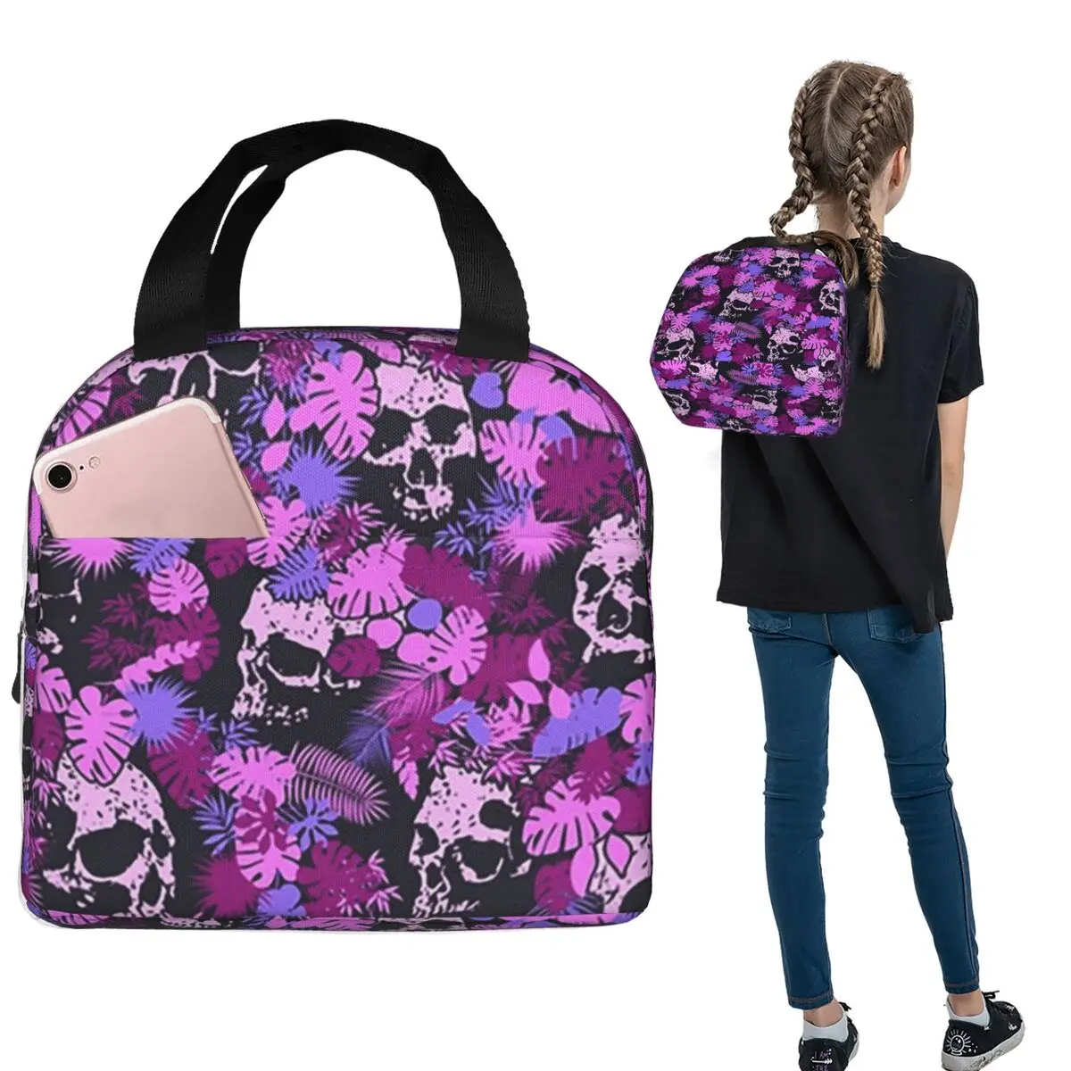 Gothic Violet Flower Skull Pattern Insulated Lunch Bag for Women Kids Leakproof Food Boxes Thermal Lunch Box Tote