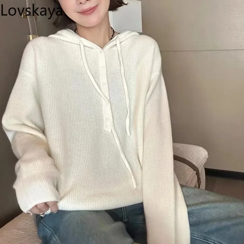 New Soft and Lazy Style Long sleeved Style Pullover Sweater with Korean Hooded Drawstring Loose Knitted Shirt for Women