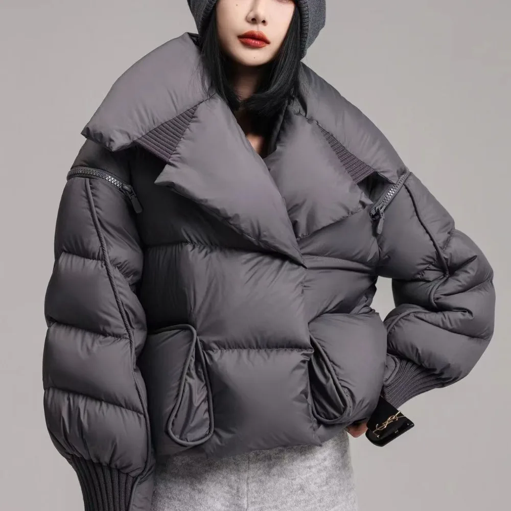 Down Jacket Women 2024 Winter Puffer Jacket Short White Duck Down Coat Female Streetwear Warm Parkas Removable Sleeves Outwear