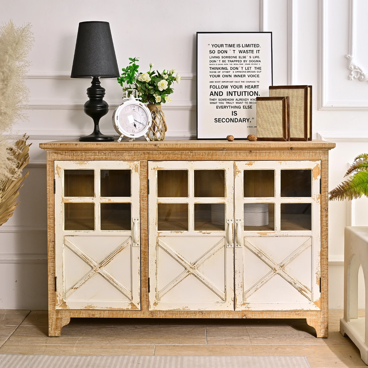 

White wood metal country sideboard European design farmhouse hotel glass door living room kitchen dining room kitchen