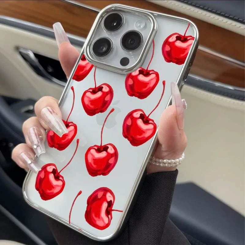 Fashion Cherry Oil Painting Phone Case For IPhone 16 PRO 11 12 13 14 15 Promax XS XR 7 8 PLUS SE Minimalism Electroplated Cover