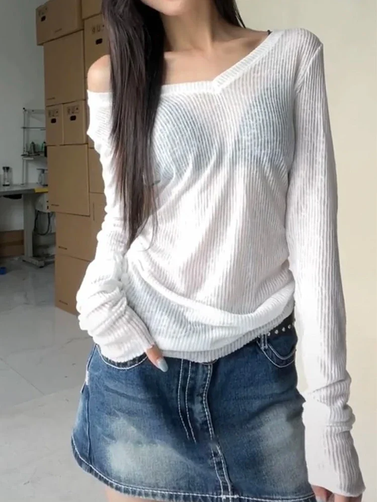 Durchsichtiges V-Ausschnitt Grunge Damen T-Shirt Casual Vintage Slim Strick T-Shirts Langarm Y2k Ästhetische Mode T-Shirts Japanisch