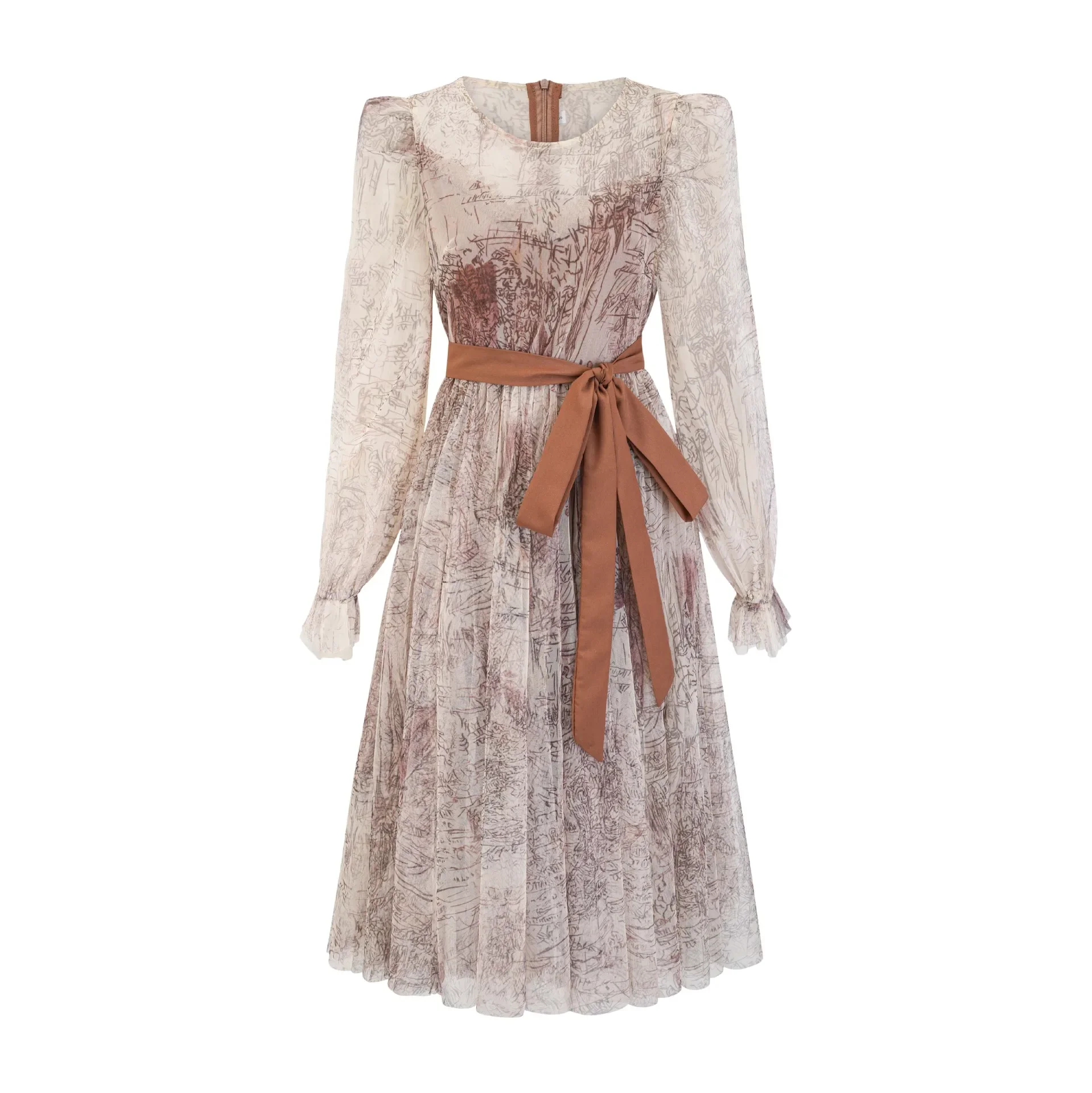 

Mesh Evening Women's Dress Elegant Bohemian Dresses For Prom High Quality Rope Midi Length Lantern Sleeve Dress with Belt