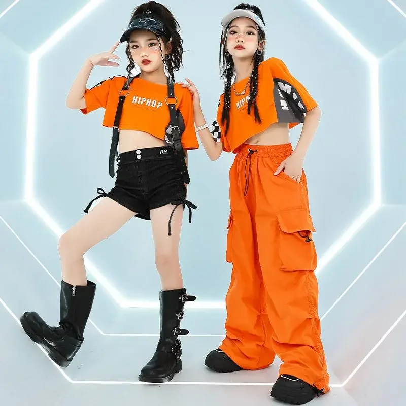 Pomarańczowe spodnie do biegania dla dzieci Cool Hip Hop Clothing Kpop Stage Outfit Street Wear Girls Group Jazz Dance Costumes
