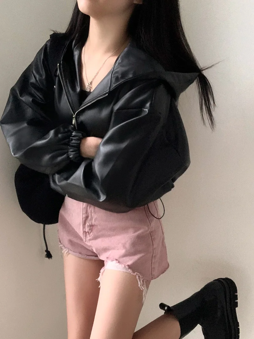 시크한 블랙 가죽 자켓 여성용 레트로 패션 후드 숏 퀼팅 아우터웨어 안티에이징 탑 지퍼 클로저 캐주얼 스타일