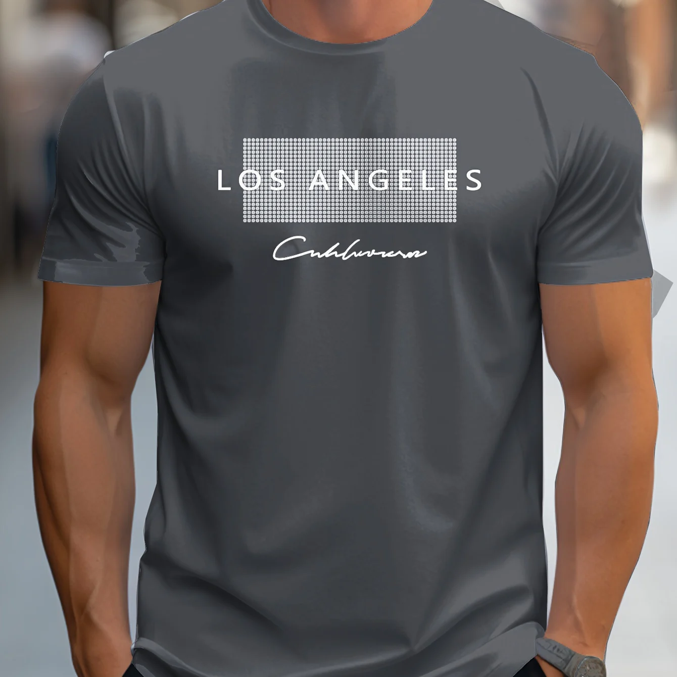 Men's  summer loose fit large Los Angeles Graphic printed slim fit casual sports round neck short sleeved T-shirt top image 3