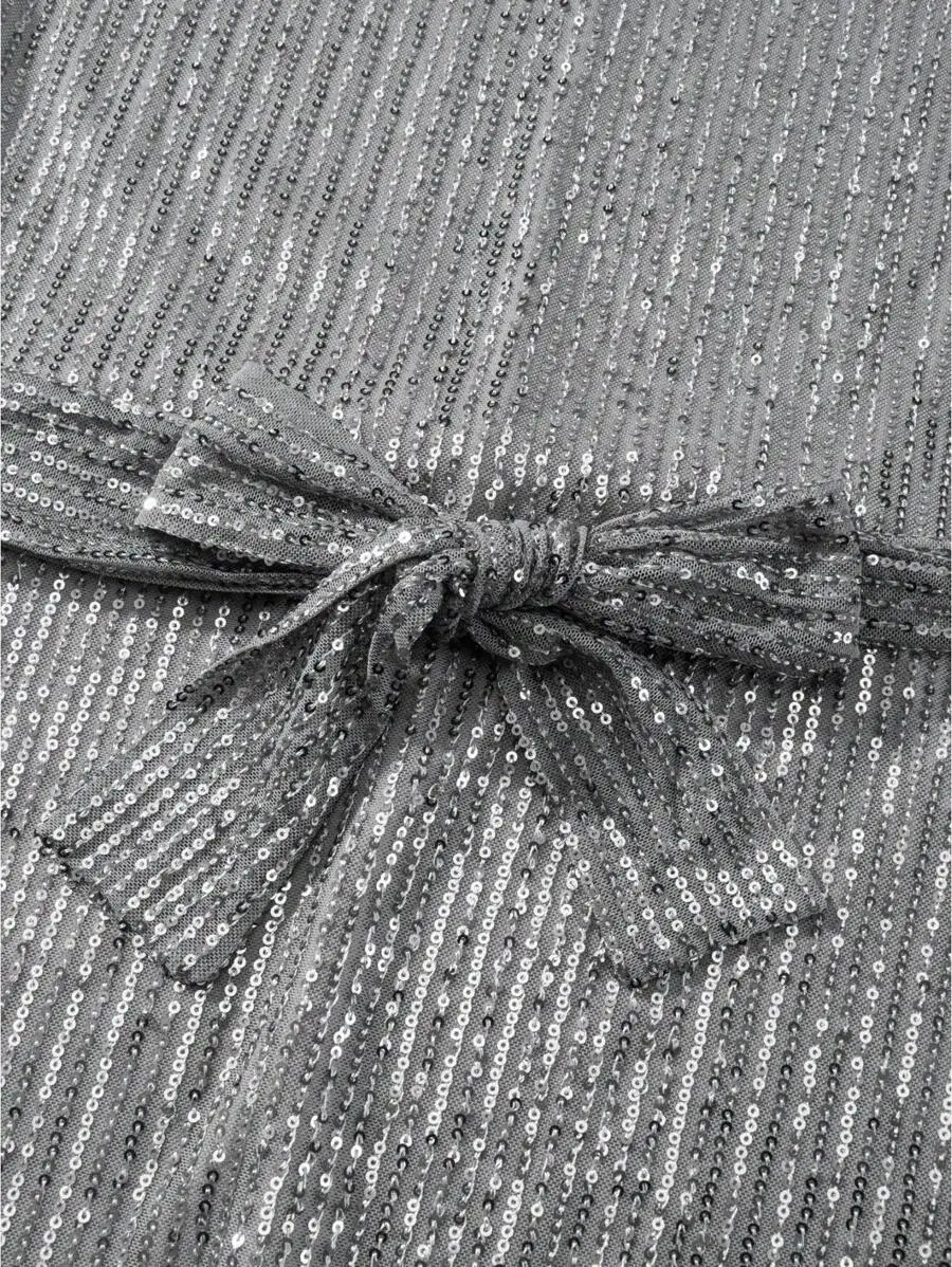 

Women Sequin Party Dress Sparkle Long Sleeve Round Neck Short Cocktail Dress With Belt