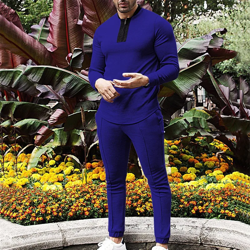 Spring and Autumn Men's Two-piece Waffle Round Neck Long Sleeve Casual Sports Zipper Suit