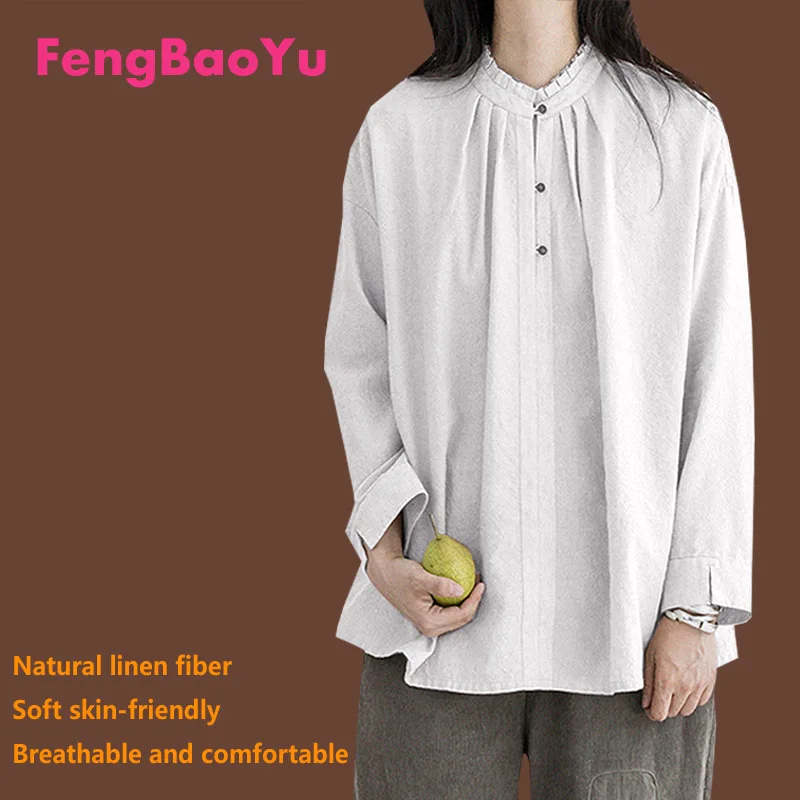 Fengbaoyu Linen Spring Autumn Ladies Lace Collar Long-sleeved Shirt Pink Hemp Cotton Young Girls' Casual Clothes Free Shipping