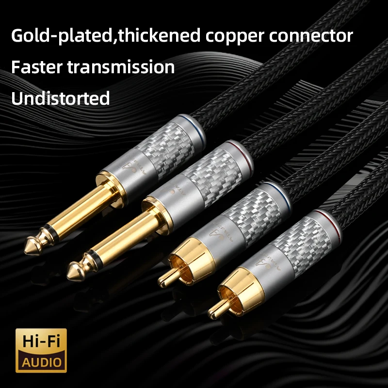 One Pair OCC HiFi Dual 6.5mm to 2RCA Audio Cable for Amplifier CD Gold-plated Plug Dual 6.5 TS Jack to 2RCA Male Signal Cable