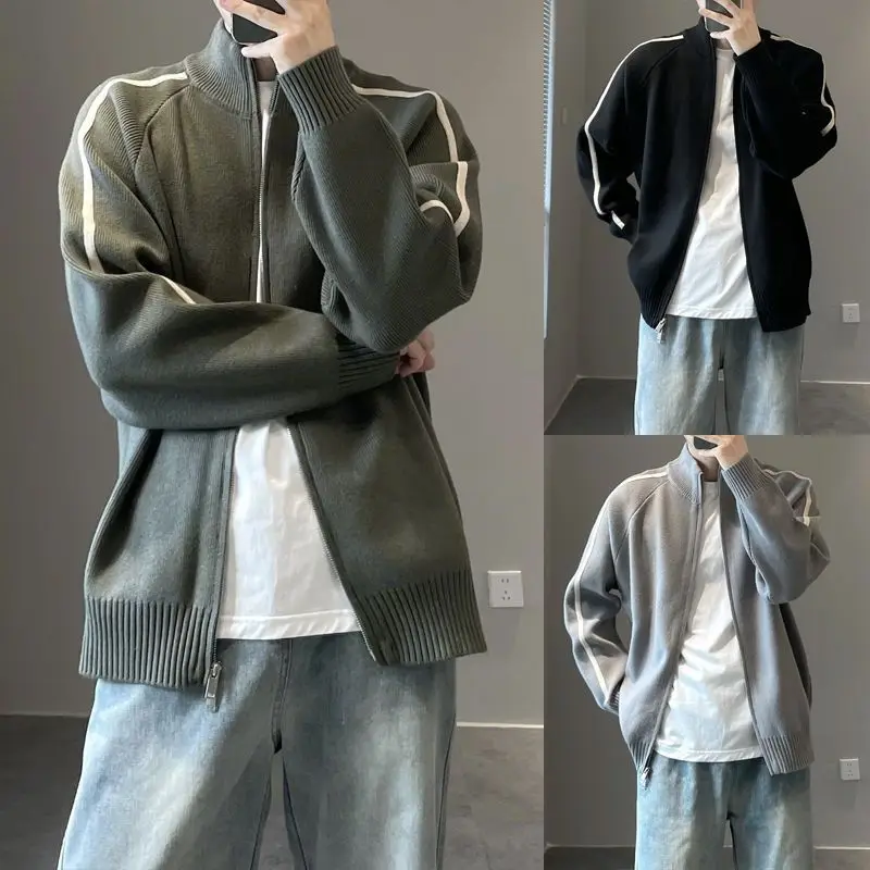 

Повседневный вязаный кардиган с воротником-стойкой для мужчин, осенняя универсальная верхняя одежда для пар, свободный крой, модный, защита от солнца