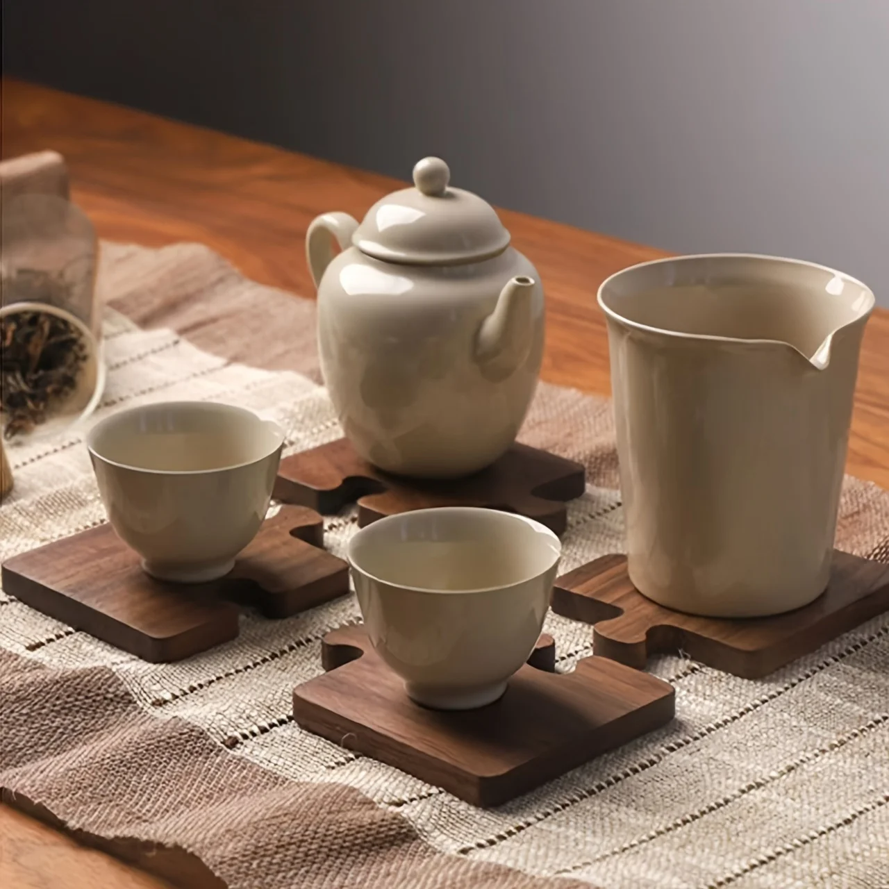 

Set of 4 Vintage Wooden Puzzle Coasters, Heat Resistant Base Mats for Office Desk Bar Home Decor, Retro Style Drink Coasters