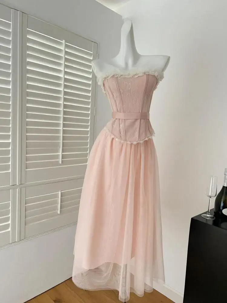 

Летние женские французские винтажные розовые лоскутные кружевные сексуальные короткие топы без бретелек с открытой спиной и высокой талией, длинная сетчатая юбка, комплект из 2 предметов